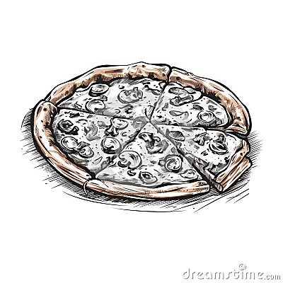 Pizza Sketch, Hand Drawn Pizza Slices, Traditional Pizzeria Engraving Imitation, Sketched Bakery Fast Food Stock Photo