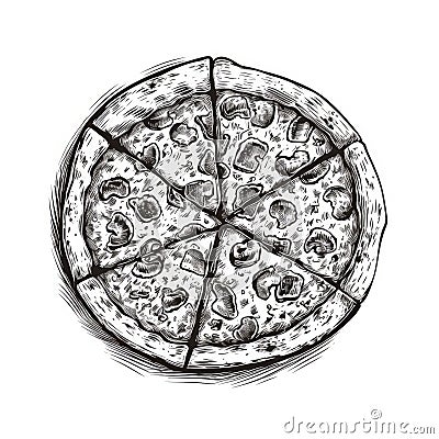 Pizza Sketch, Hand Drawn Pizza Slices, Traditional Pizzeria Engraving Imitation, Sketched Bakery Fast Food Stock Photo