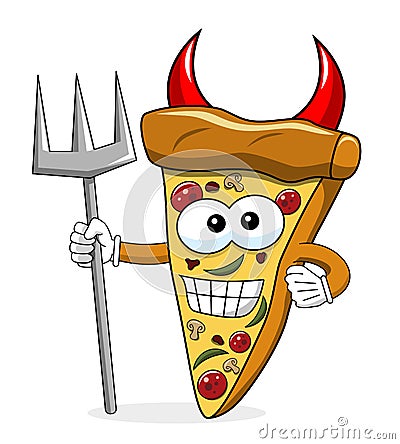 Pizza slice cartoon funny devil trident isolated Vector Illustration