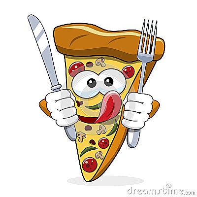 Pizza slice cartoon funny fork knife eating hungry tongue isolated Vector Illustration