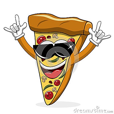 Pizza slice cartoon funny sunglasses rock isolated Vector Illustration