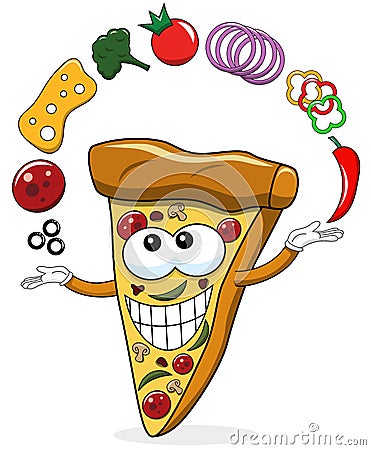 Pizza slice cartoon juggler toppings funny isolated Vector Illustration