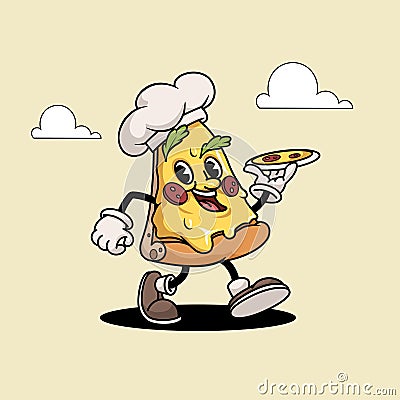 Pizza Slice Funny Cartoon Retro Pizza Character walking. Best for Pizzeria designs. Vector Illustration