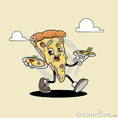 Pizza Slice Funny Cartoon Retro Pizza Character walking. Best for Pizzeria designs. Vector Illustration