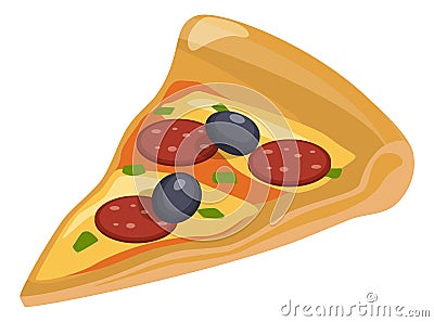 Pizza slice icon. Italian classic pepperoni in cartoon style Vector Illustration