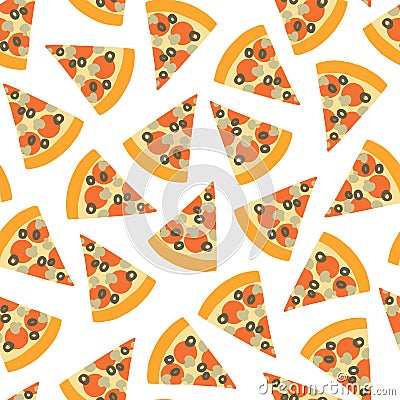 Pizza slice seamless vector pattern. Background with hand draw pizza. Doodle pizza with olives, mushroom, cheese, salami, tomatoes Stock Photo