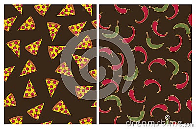 Piece of Pizza and Chili Pappers Vector Patterns. Vector Illustration