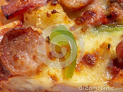 Pizza slice top view isolated on white background, with onions, bacon and cherry tomatoes, thin pastry crust, closeup Stock Photo