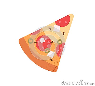 Pizza slice. Triangle piece of Italian fast food. Italy snack with salami sausage, feta cheese, olives, crust. Tasty Vector Illustration