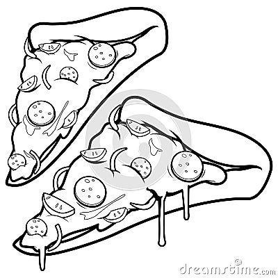 Slices of pizza. Vector black and white coloring page. Vector Illustration