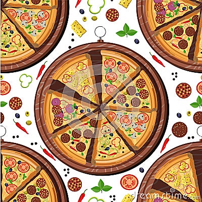 Pizza slices on wooden tray, Italian dish seamless pattern Vector Illustration