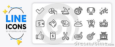 Pizza, Tick and Pyramid chart line icons. For web app. Vector Vector Illustration