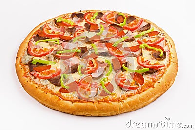 Pizza with tomatoes, meat and bacon on a white background. Stock Photo