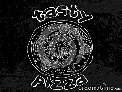 Pizza top view on white Ingredients background. Vector Illustration