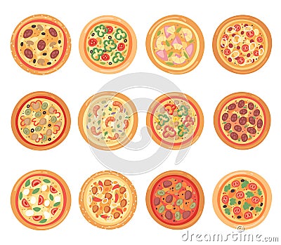 Pizza vector italian food with cheese and tomato in pizzeria and baked pie with sausages in pizzahouse in Italy Vector Illustration