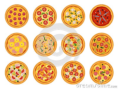 Pizza vector italian food with cheese and tomato in pizzeria or pizzahouse illustration set of baked pie in Italy Vector Illustration