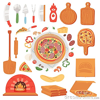 Pizza vector italian food with cheese and tomato in pizzeria or pizzahouse illustration set of baked pie from pizzaoven Vector Illustration