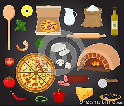 Pizza vector italian food with cheese and tomato in pizzeria or pizzahouse illustration set of baked pie from pizzaoven Vector Illustration