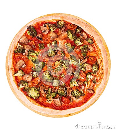 Pizza with veggie vegetables top view, on bamboo bottom isolate Stock Photo