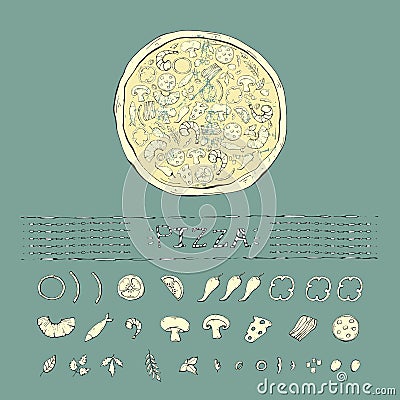 Pizza vintage ,grange set,collection on a blue Vector Illustration