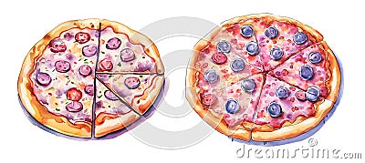 Pizza, watercolor clipart illustration with isolated background Cartoon Illustration
