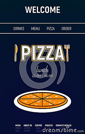 Pizza web site with menu line, fork and knife minimal sport style on blue background Vector Illustration