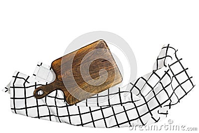 Pizza wood cutting board mockup top view isolated on white. Plaid white checkered tablecloth. Wooden background. Copy space on Stock Photo