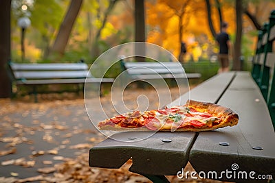 Pizza on a wooden bench in the park in autumn season. Stock Photo