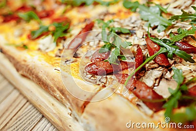 Pizza on wooden table top view. Fast food. Post blog social media. with copy space. Pizza ready to eat Stock Photo