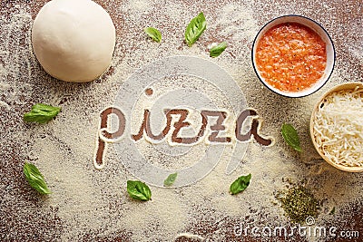 Pizza word written on table Stock Photo