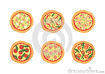 Pizzas with different toppings including Margherita, shrimp, bacon, onion, tomatoes. Top view. Vector illustration. Vector Illustration
