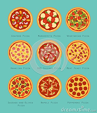 Pizzas set flat style Vector Illustration