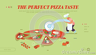 Pizzeria Bistro Website Landing Page, People Character Cut Pizza with Knife, Eating Italian Food. Fast Food, Cafe Vector Illustration