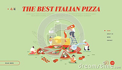 Pizzeria Bistro Website Landing Page, People Character Eating Huge Pizza, Cut with Knife, Put Ketchup and Cheese Vector Illustration