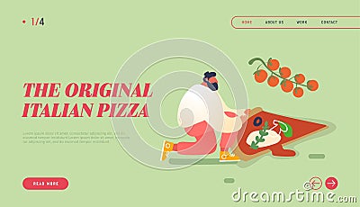 Pizzeria Bistro Website Landing Page, People Character Eating Huge Pizza, Eat Piece of Italian Food. Fast Food, Cafe Vector Illustration