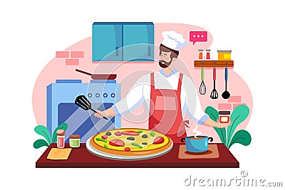 Pizzeria composition with chefs baking pizza Vector Illustration