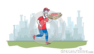 Pizzeria Courier Character Wearing Mask Delivering Pizza to Customers. Air Pollution Gas Emission in City, Food Delivery Vector Illustration