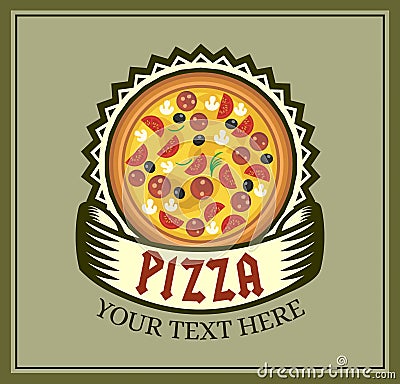 Pizzeria emblem on green background. Vector Illustration