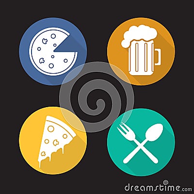 Pizzeria flat design long shadow icons set Vector Illustration