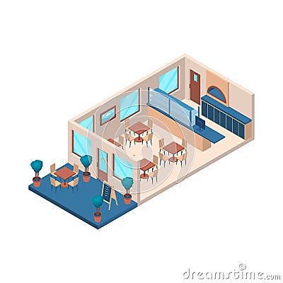 Pizzeria Interior with Furniture Isometric View. Vector Vector Illustration