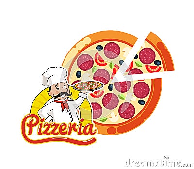 Pizzeria Logo Pizza Italian Dish Slice and Chef Vector Illustration