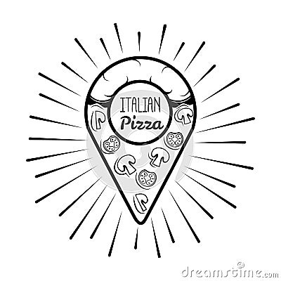 Pizzeria map pointer. Slice of pizza. Italian cuisine. Food Delivery. Vector Illustration