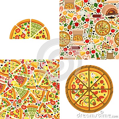 Pizzeria menu pattern set, vector illustration. Printable flyer banner with half, whole pizza. Product elements Vector Illustration