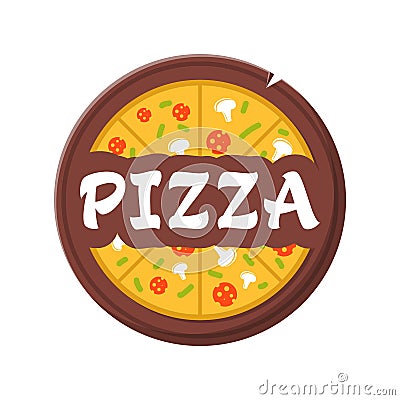 Pizzeria Vector Emblem - isolated label vector illustration. Pizza logo template. Pizza on a wooden plate Cartoon Illustration