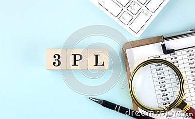 3PL - 3rd Party Logistics word on wooden cubes on blue background with chart and keyboard Stock Photo