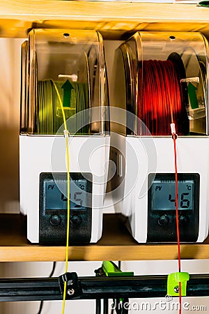 Pla filament spools for 3 d printer, dual extruder, idex technology Stock Photo