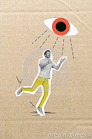 Placard collage image of big human eye watching funky joyful man isolated on drawing grey background Stock Photo