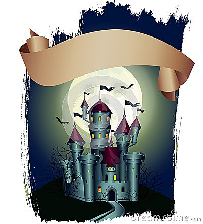 Placard with dark castle. Vector Illustration