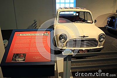 Placard with history of 1960 Morris Mini-Minor/850 on display,Saratoga Automobile Museum,New York,2015 Editorial Stock Photo