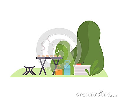 Barbecue on the background of trees at the campsite. Vector illustration. Vector Illustration